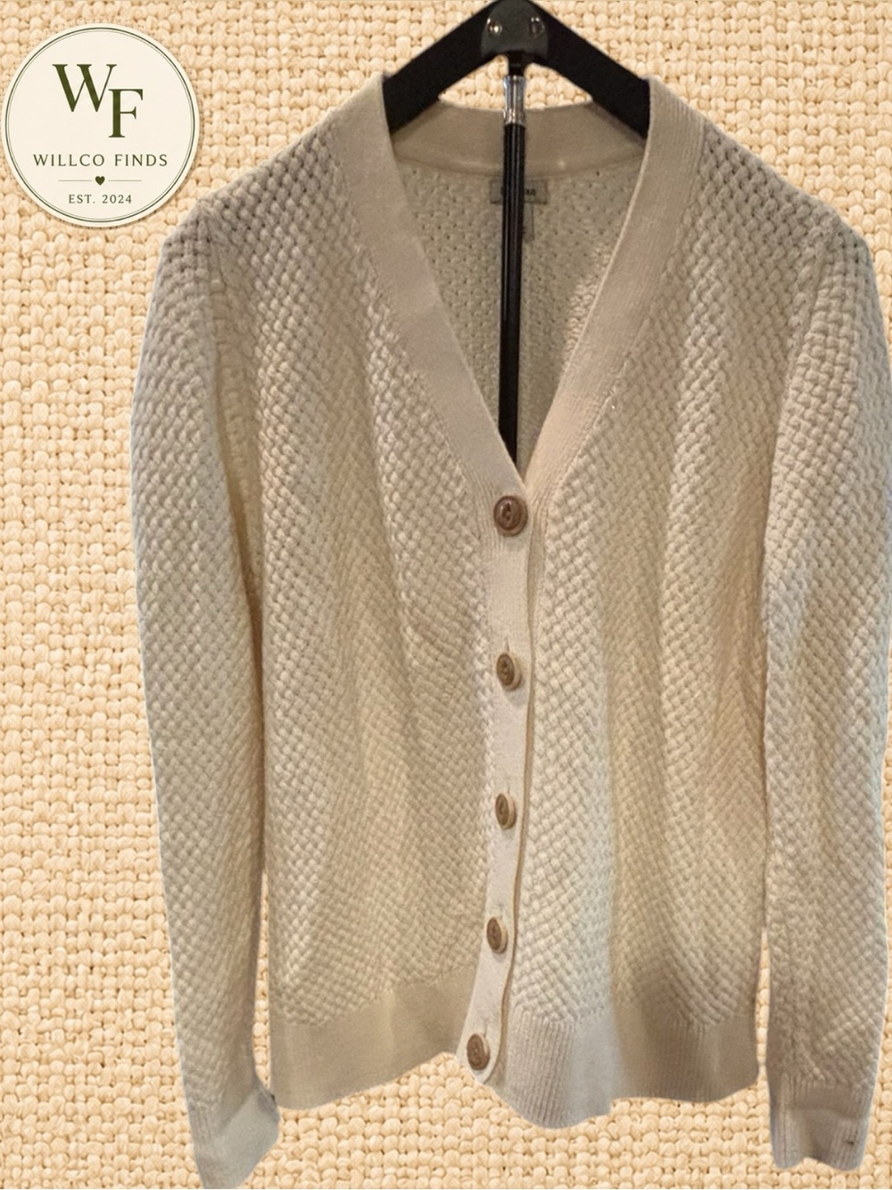 L.L.Bean Cream Textured Cotton Cardigan Sweater Size Large Button Front
